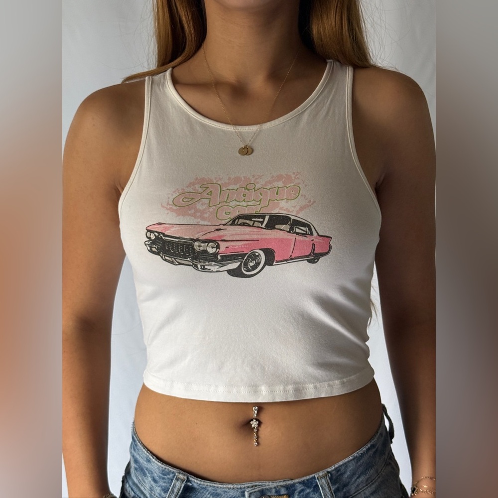 Cream Crop Top with Pink Vintage Car Design